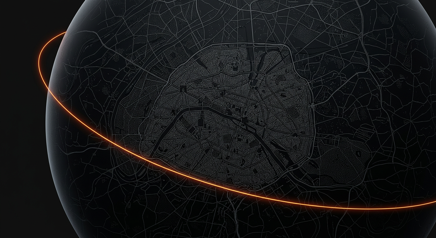 Illustration d’une sphère sombre : carte pointillée de Paris et sa banlieue, entourée d’une ligne orange