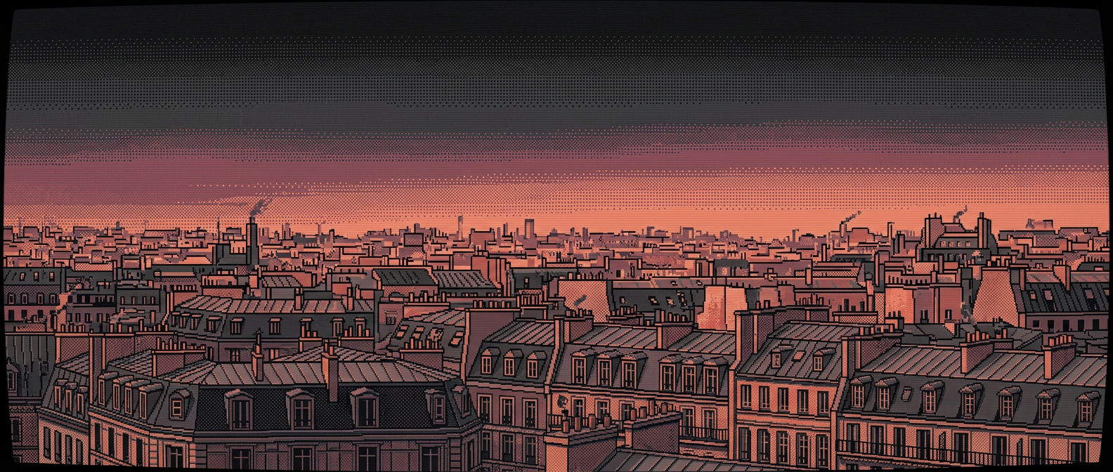 Illustration des toits de Paris au crépuscule, en art pixelisé corail et gris